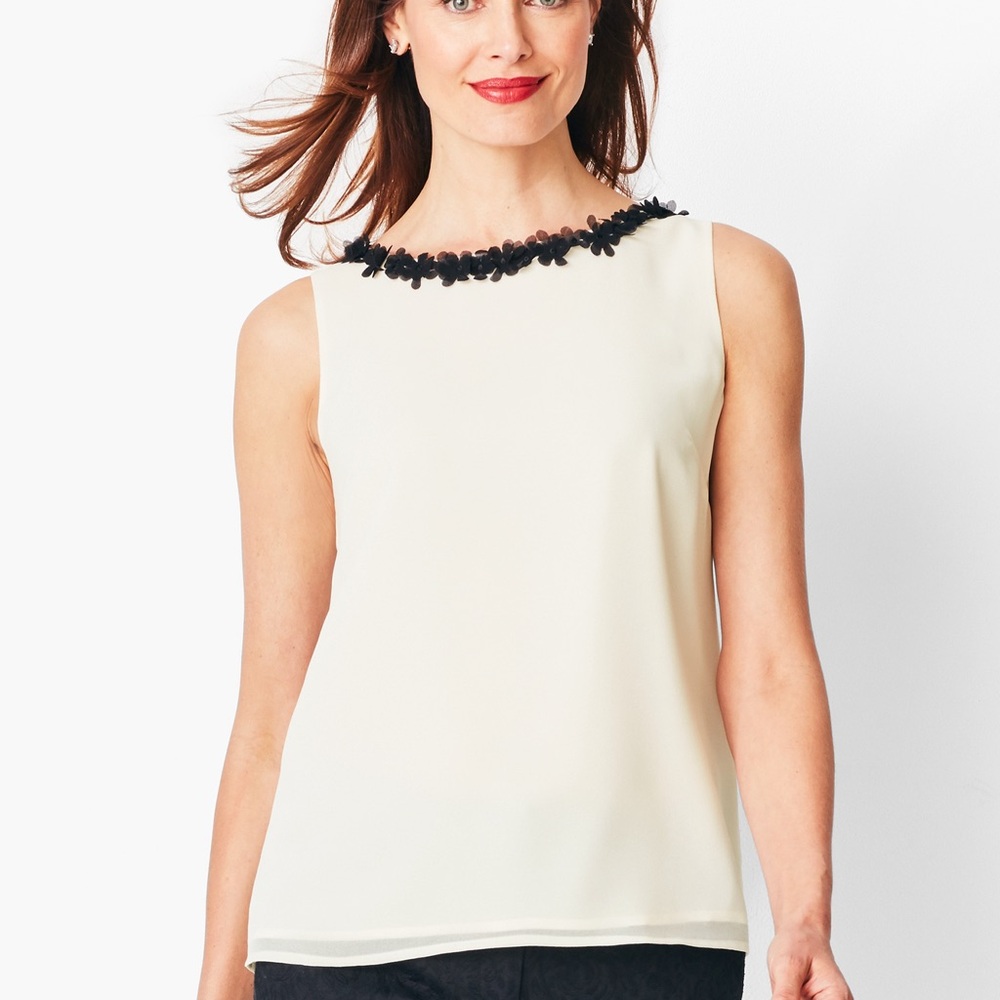 RSVP by Talbots Cream White Sleeveless Top with Black Floral Accent Size Small